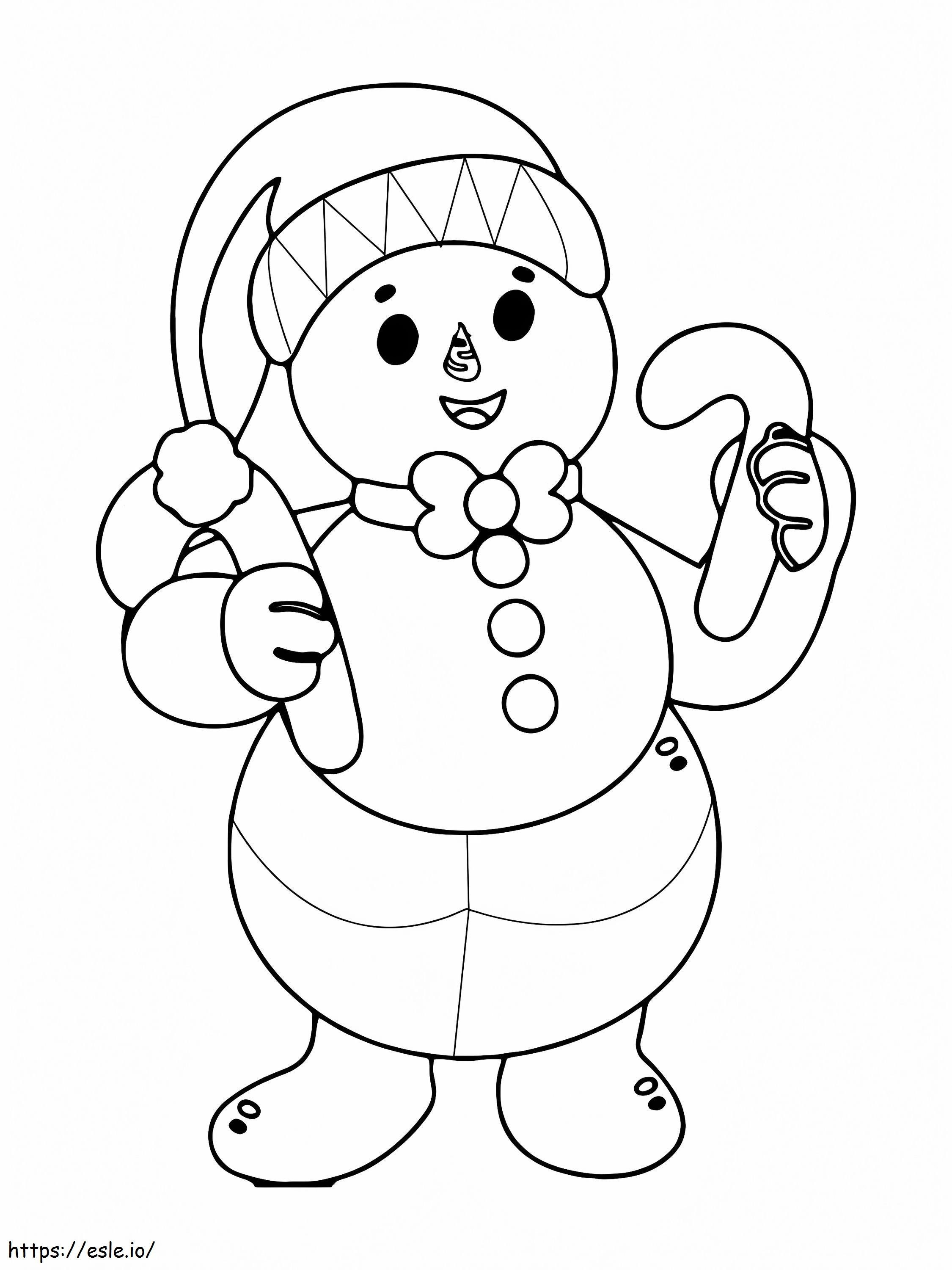 Muñeco de nieve sosteniendo bastones de caramelo para colorear
