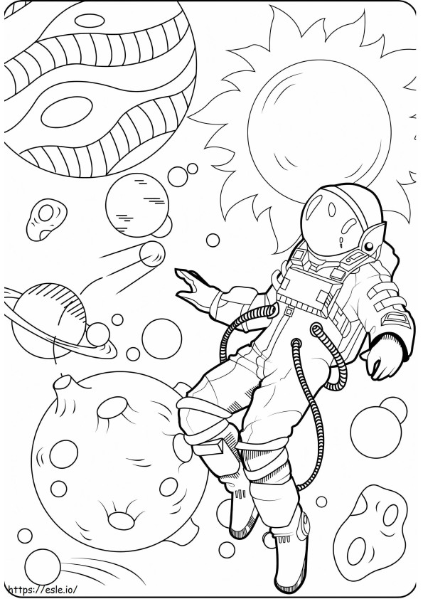 Astronautti planeettojen kanssa värityskuva
