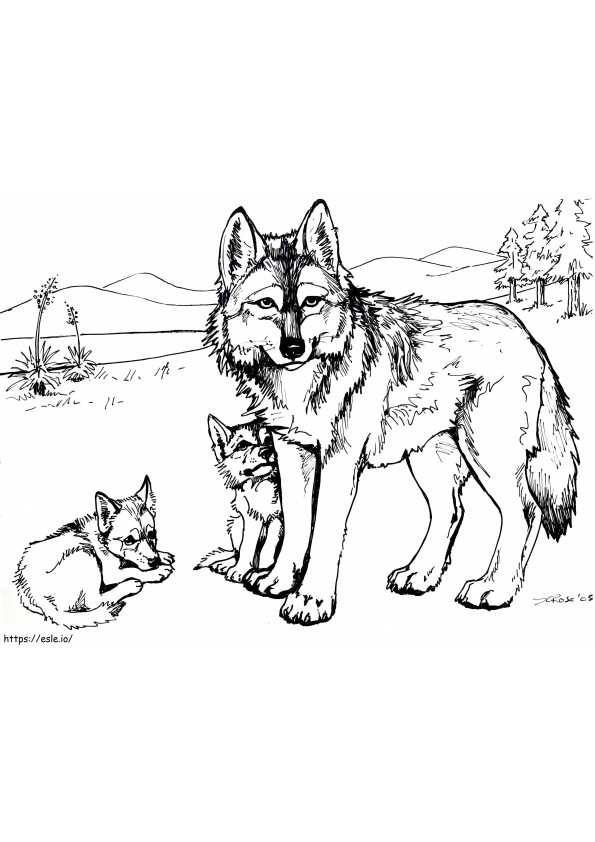 Coloriage Famille de loups à imprimer dessin