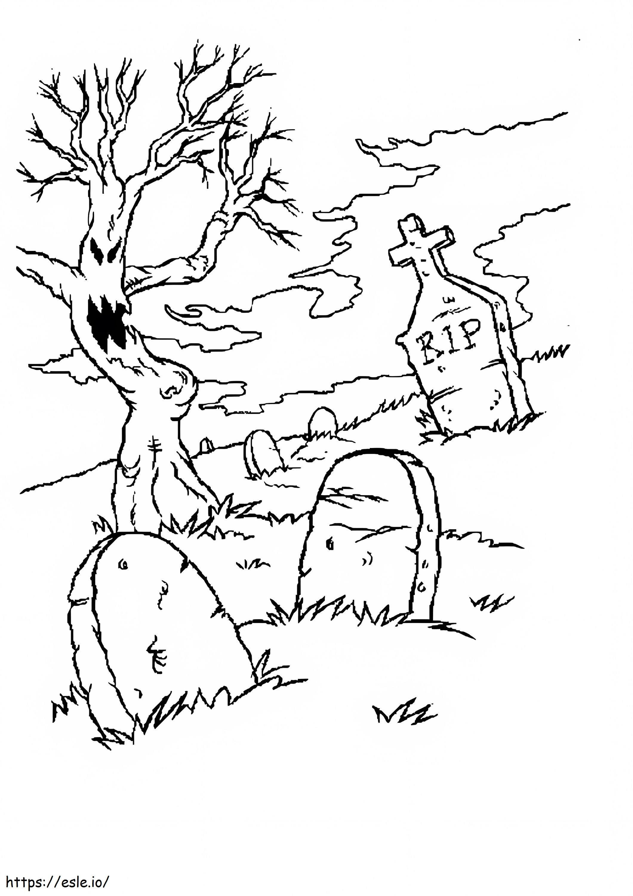 Cementerio con árbol para colorear