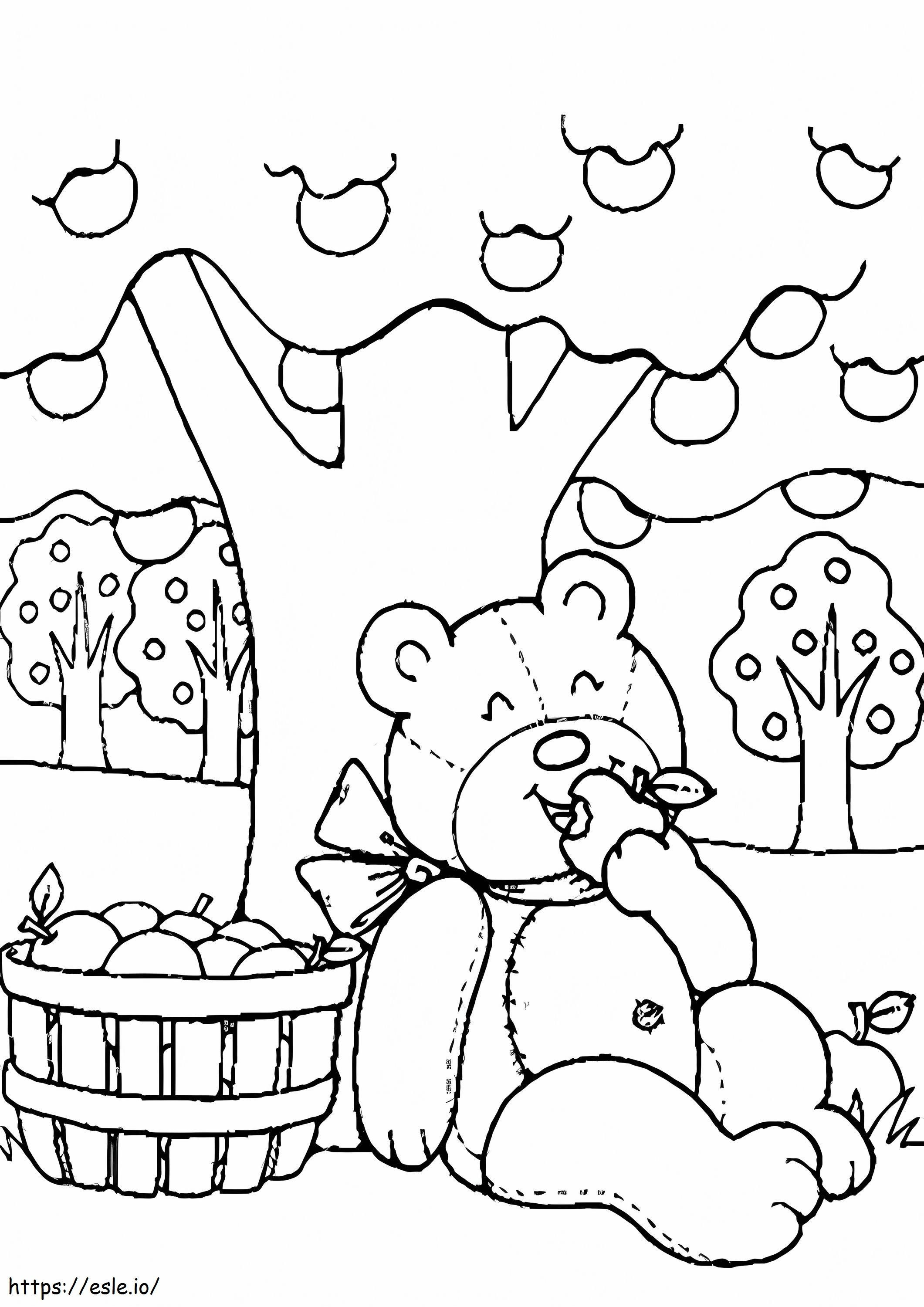 Urso de pelúcia comendo maçãs com macieira para colorir