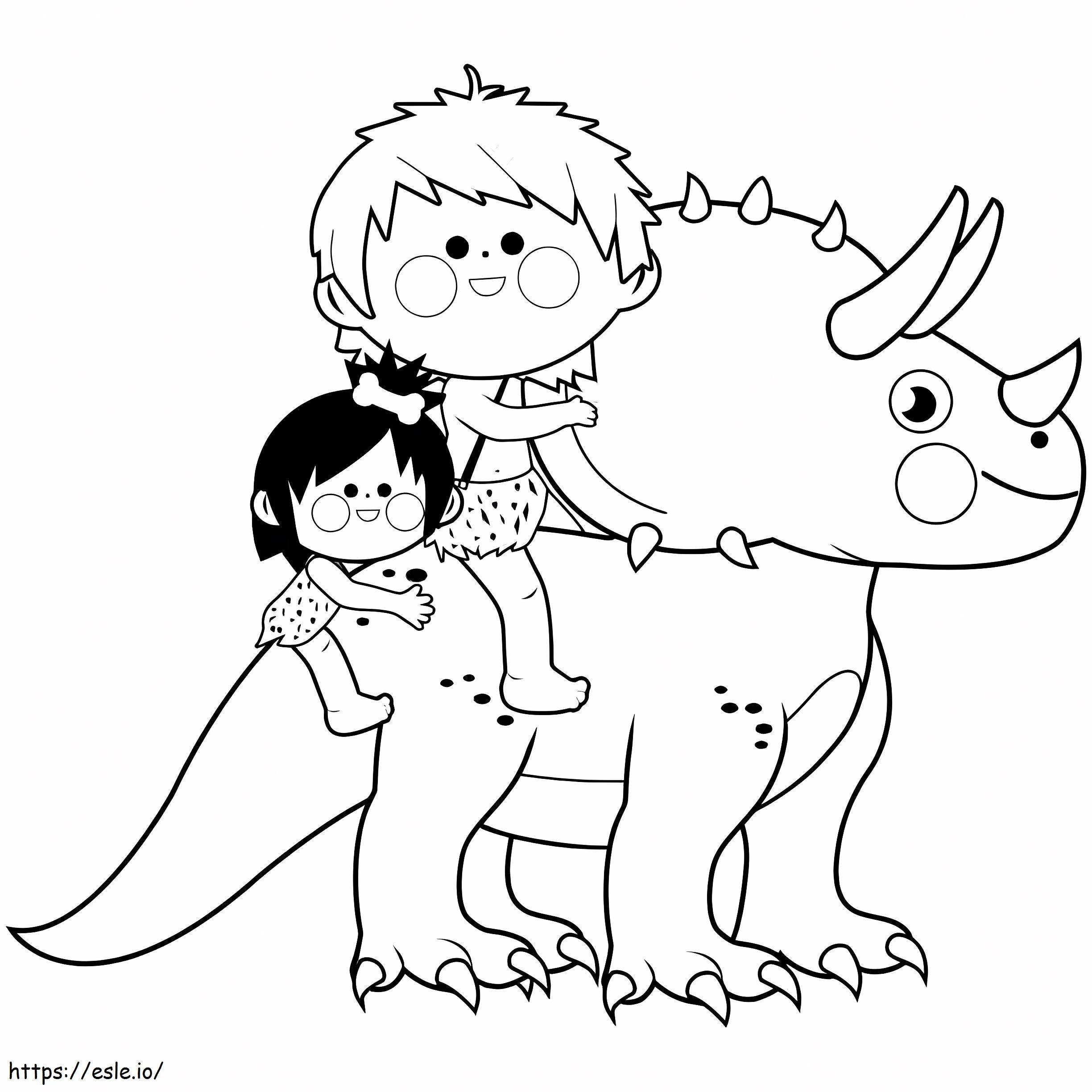 トリケラトプスに乗る 2 人の穴居人の子供 ぬりえ - 塗り絵