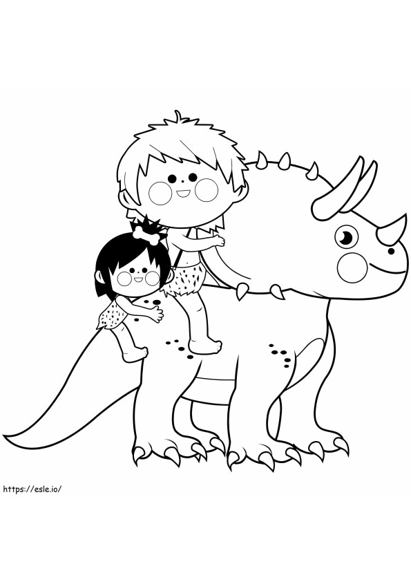 トリケラトプスに乗る 2 人の穴居人の子供 ぬりえ - 塗り絵