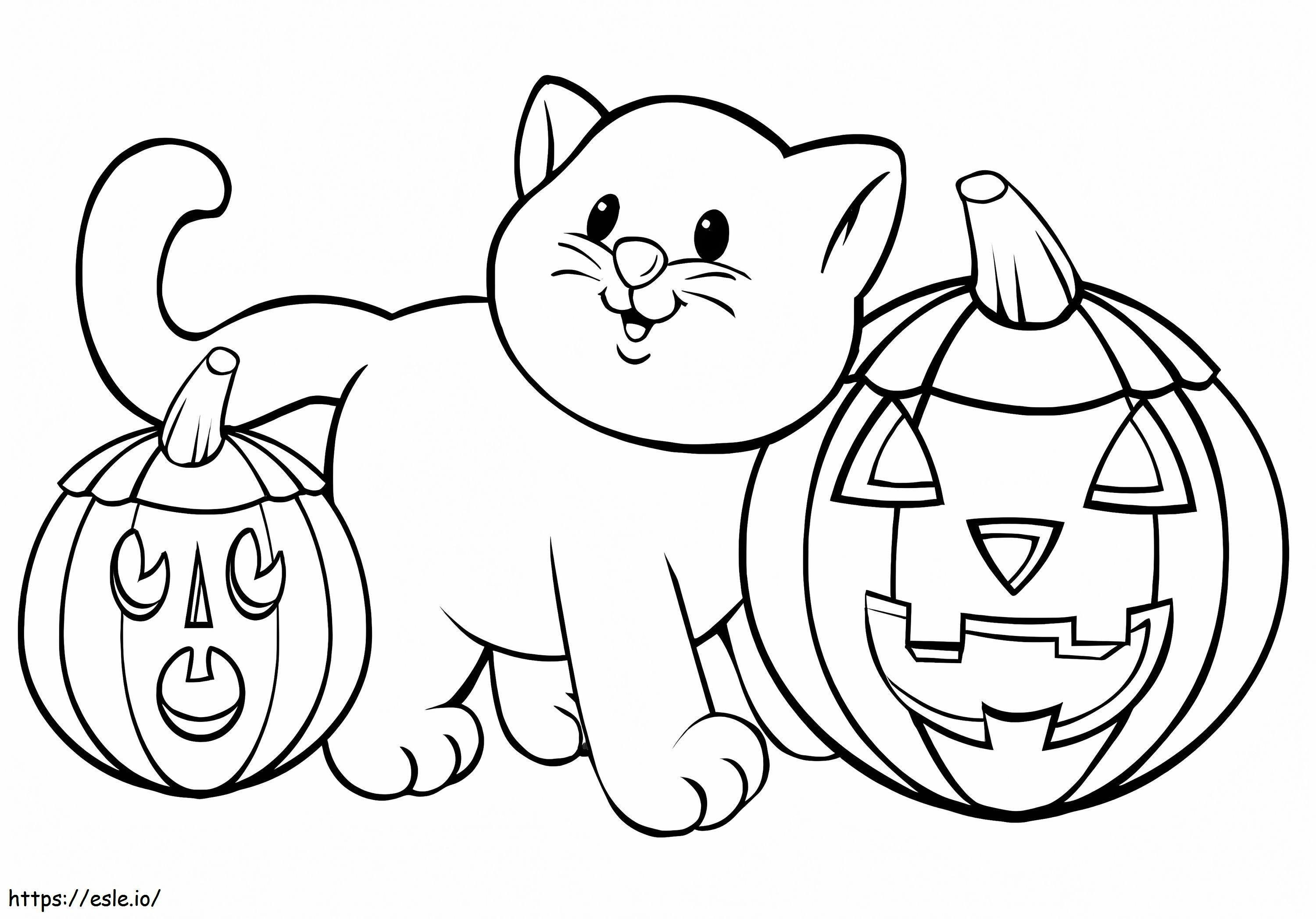 Cat With Two Pumpkins coloring page