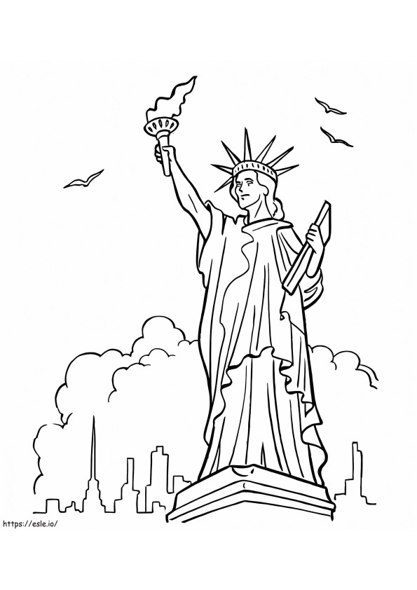 Coloriage Statue de la liberté avec ville à imprimer dessin