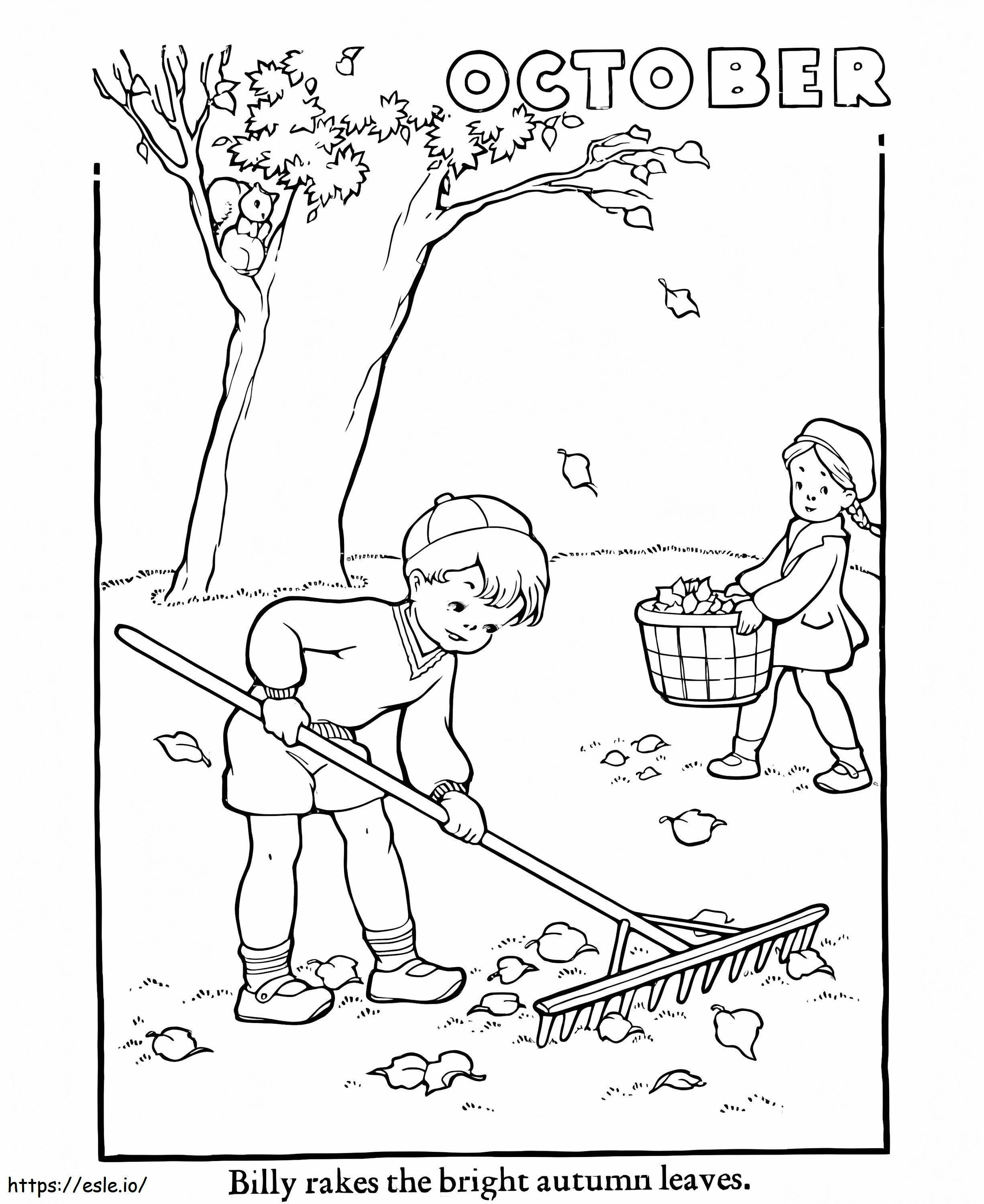 October Two Children Sweeping The Yard coloring page