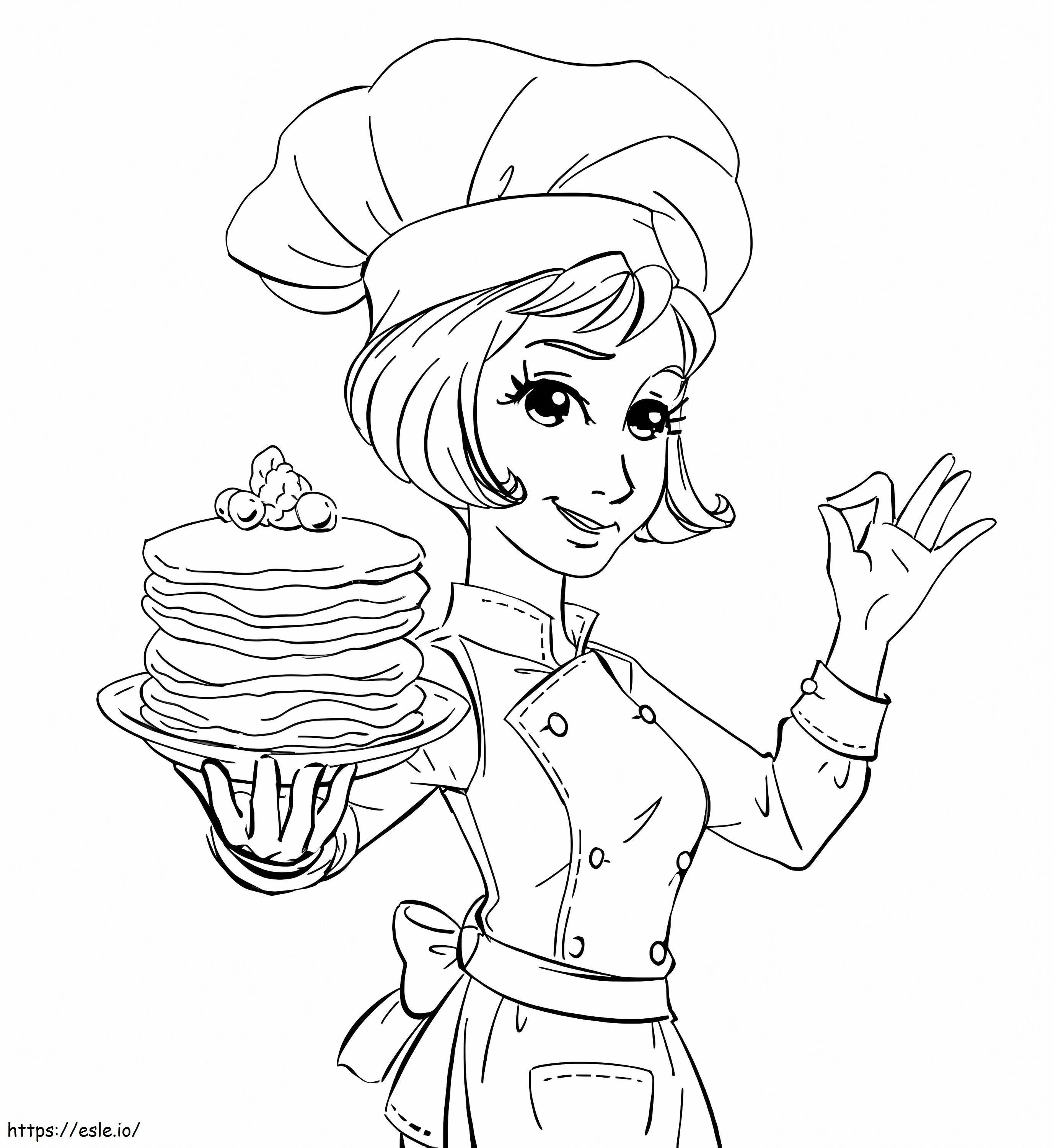 Cuoco unico della ragazza che cucina i pancake da colorare