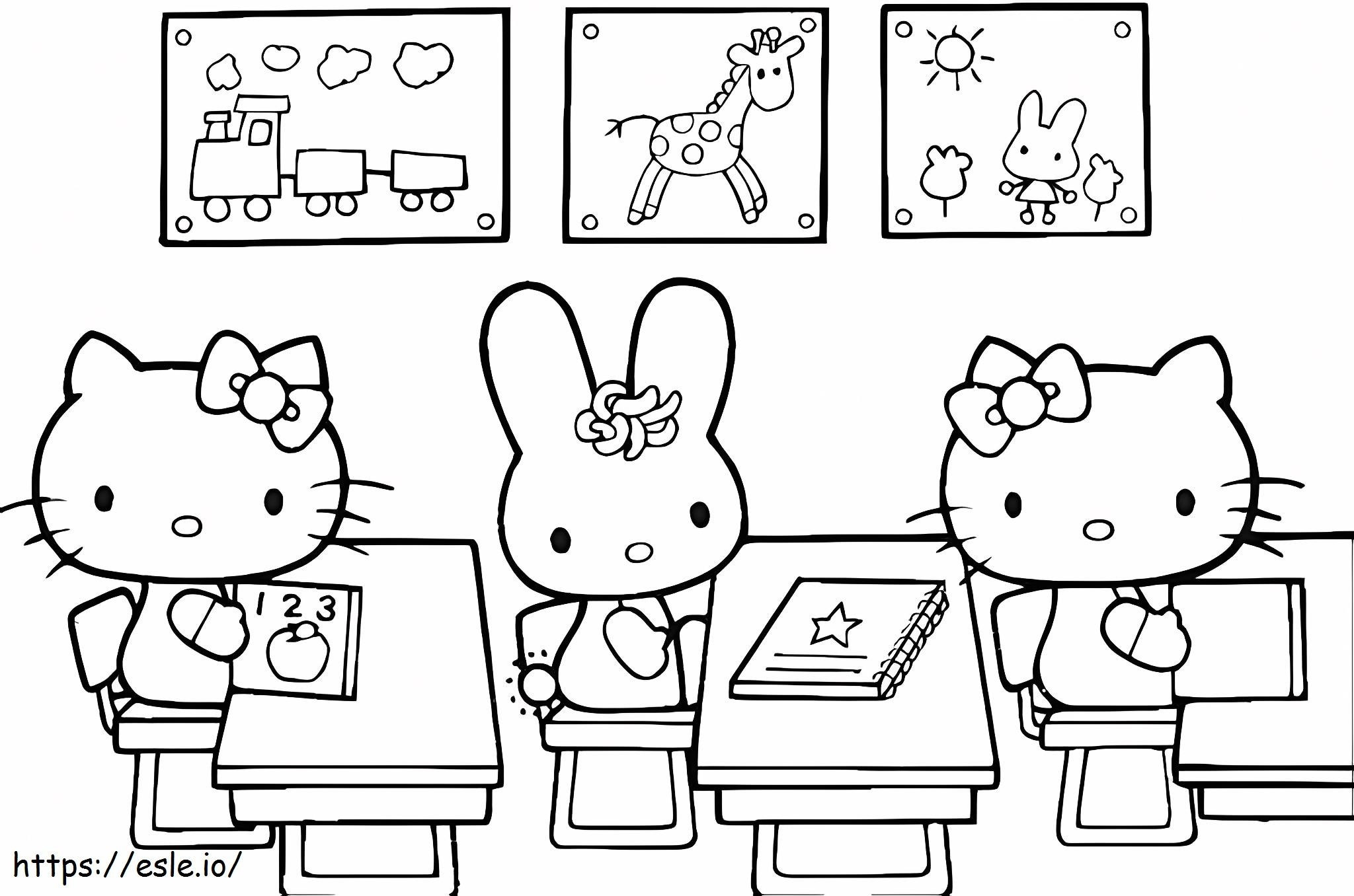 Coloriage Bonjour chaton et amis de retour à l'école à imprimer dessin