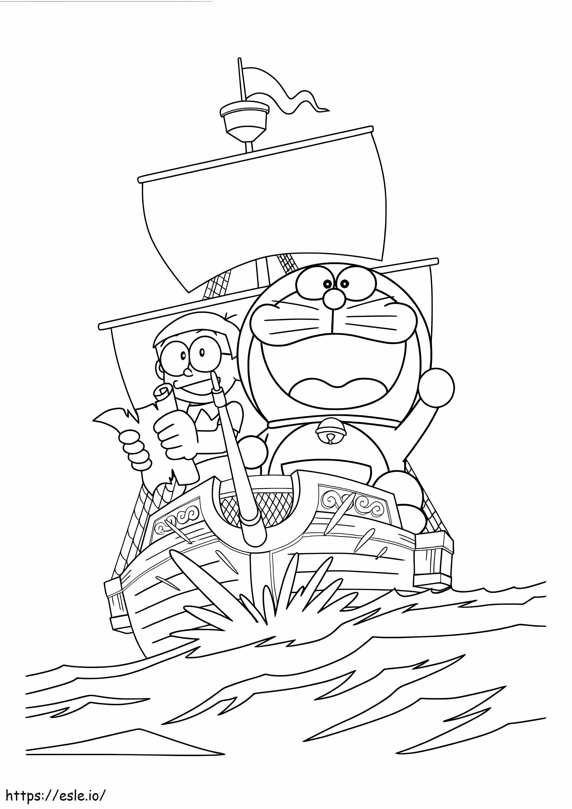 Nobita e Doraemon navegam no barco para colorir