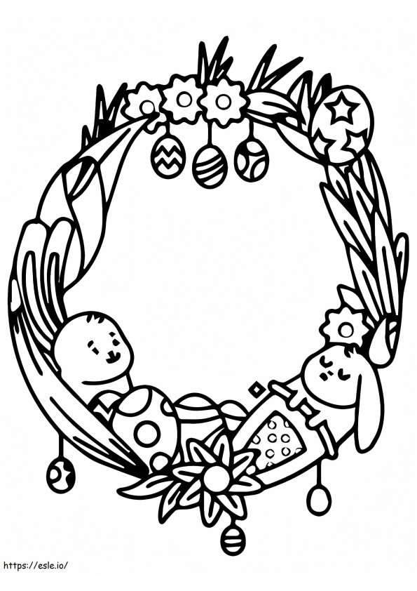 Coloriage Couronne de Pâques avec œufs et lapins à imprimer dessin