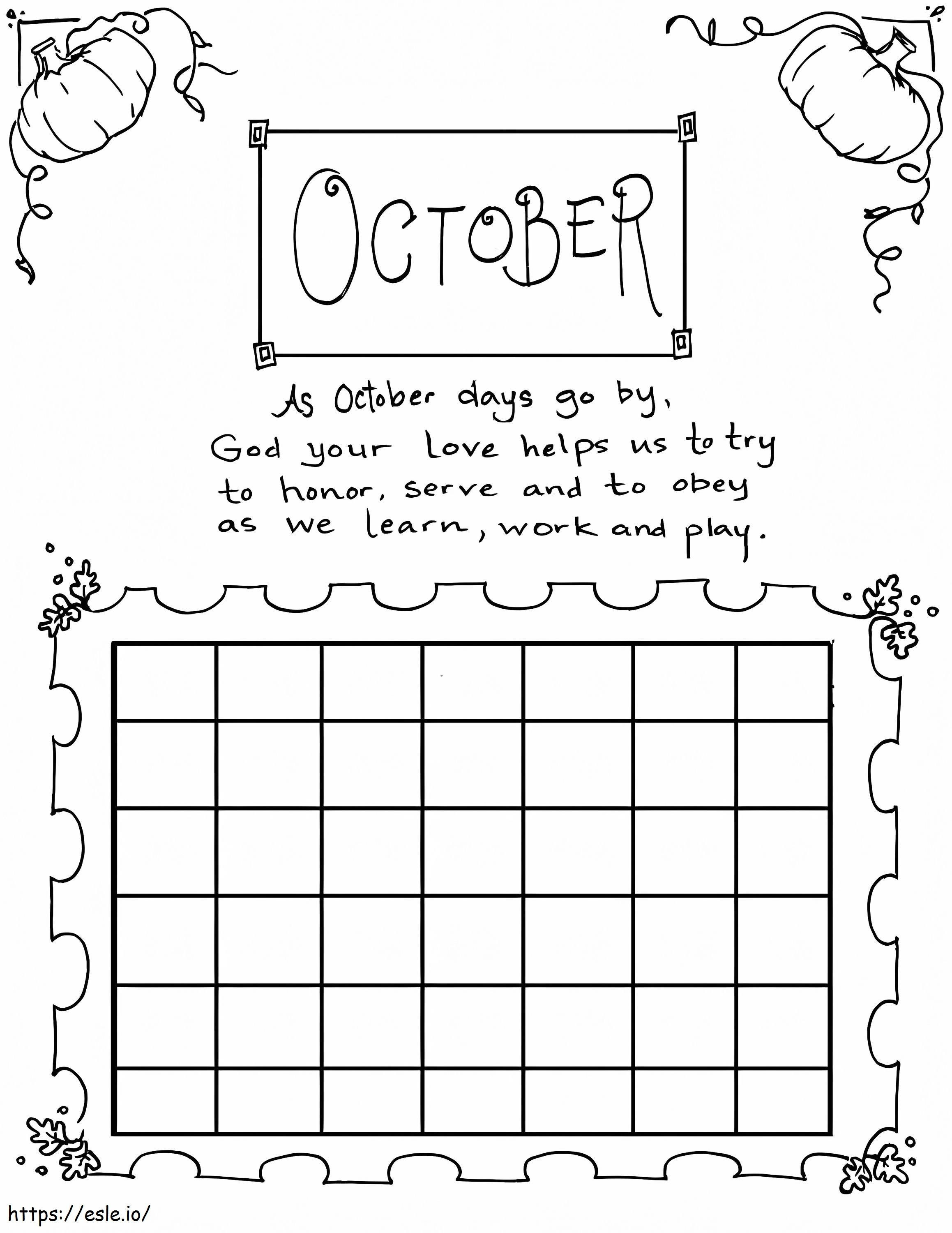 Calendario Octubre para colorear
