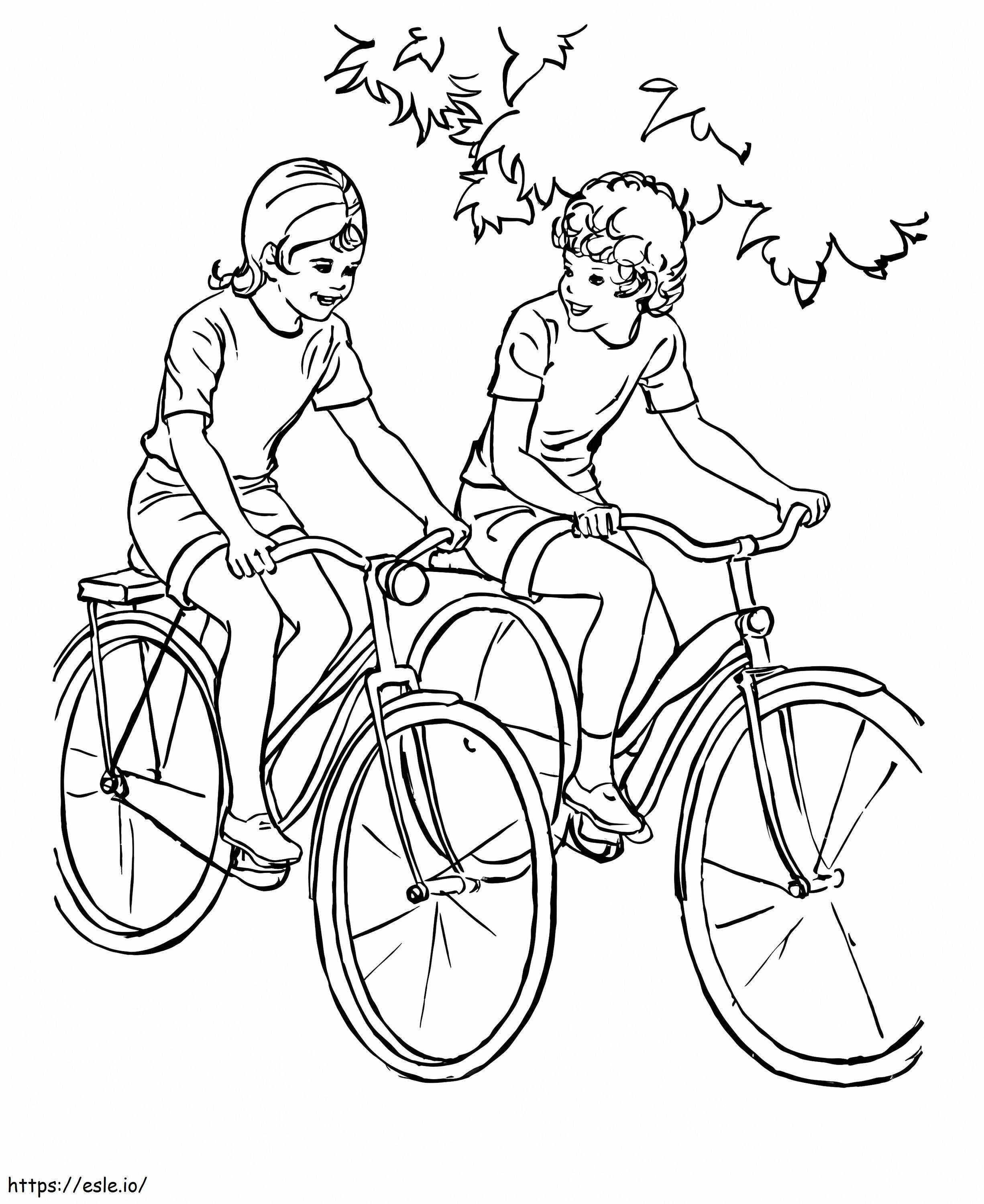Poika ja tyttö pyöräilemässä puistossa värityskuva