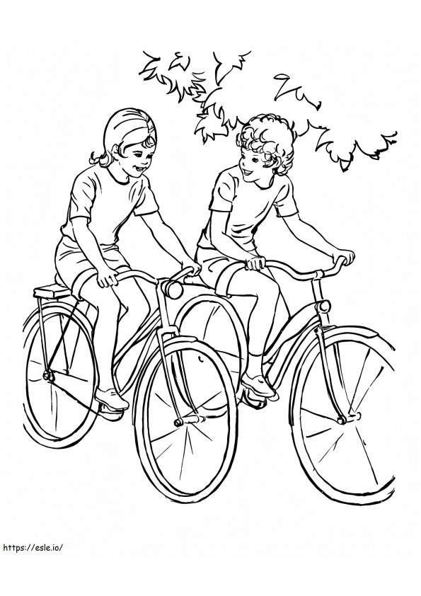 Poika ja tyttö pyöräilemässä puistossa värityskuva