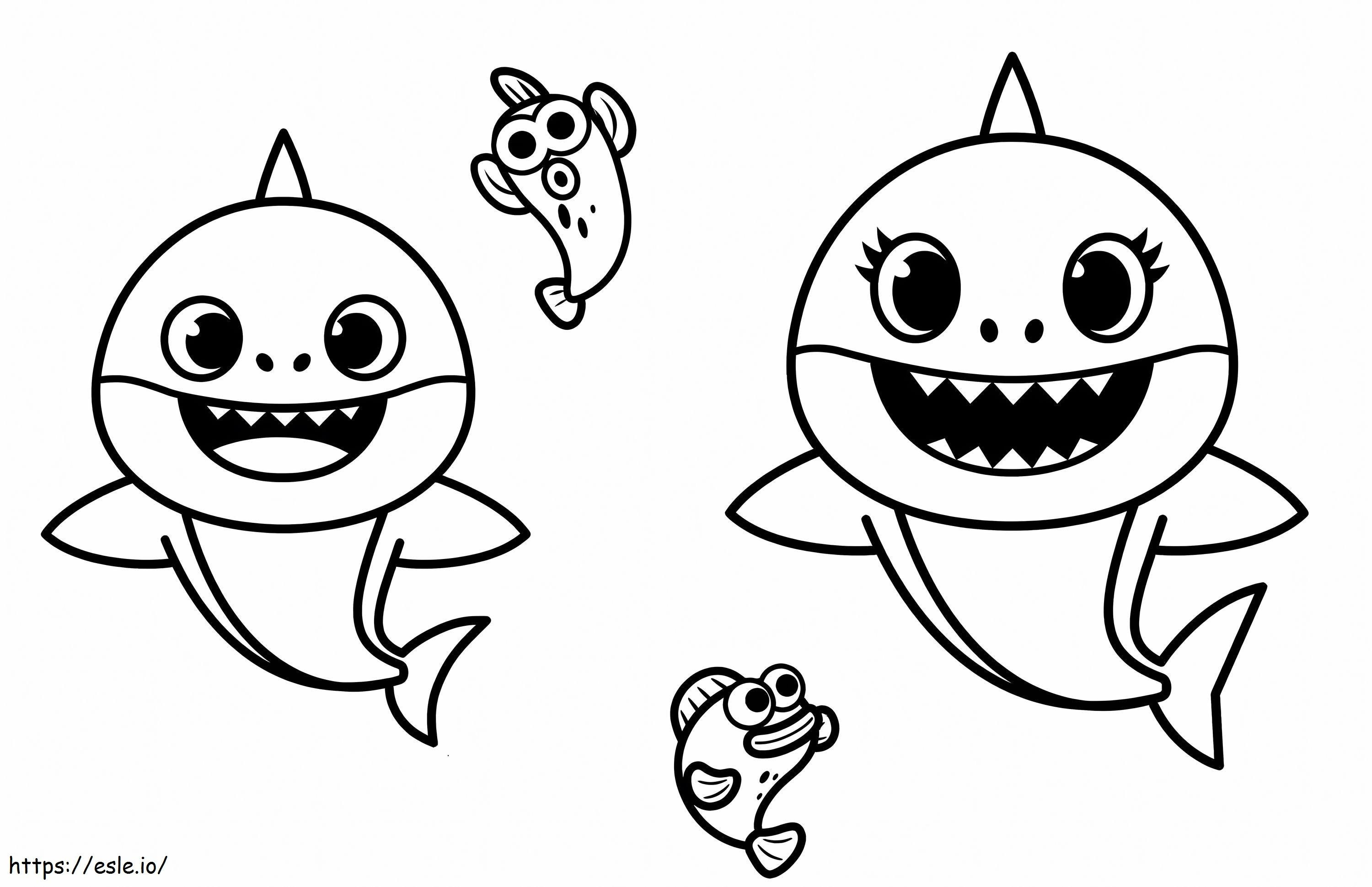 Coloriage Bébé requin et mère requin avec du poisson à imprimer dessin