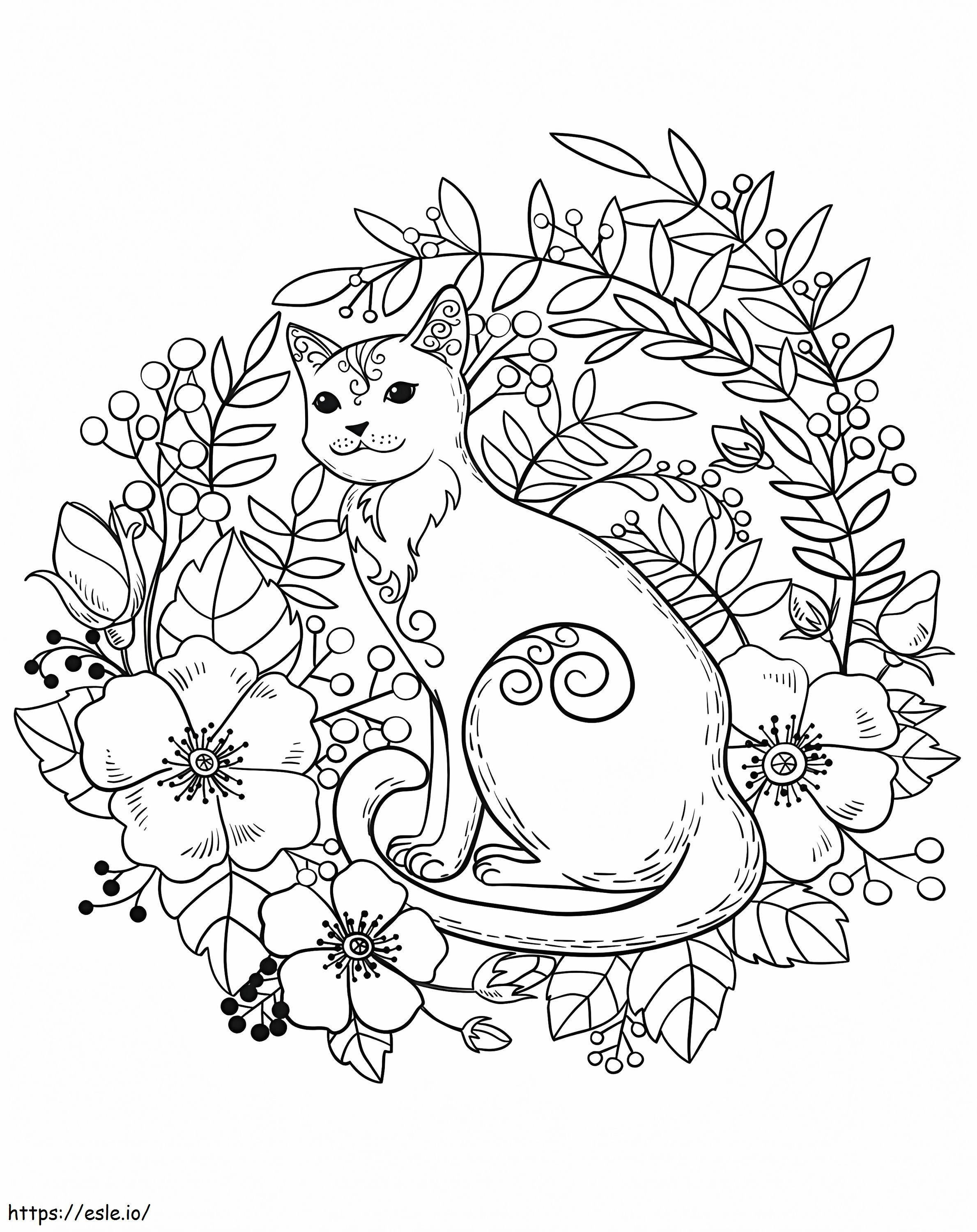 1560155505 花の中の猫 A4 ぬりえ - 塗り絵