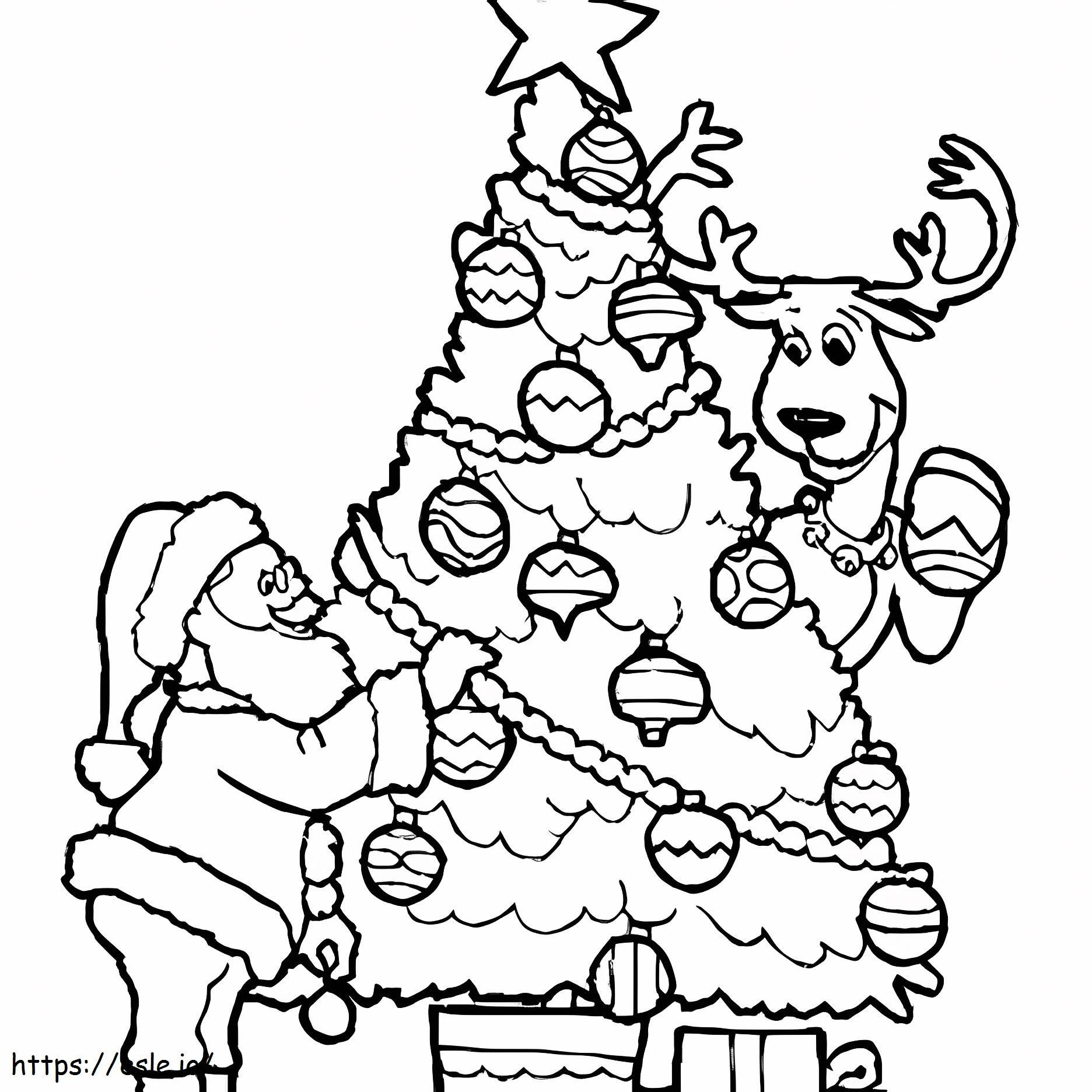 Renas e Papai Noel com árvore de Natal para colorir