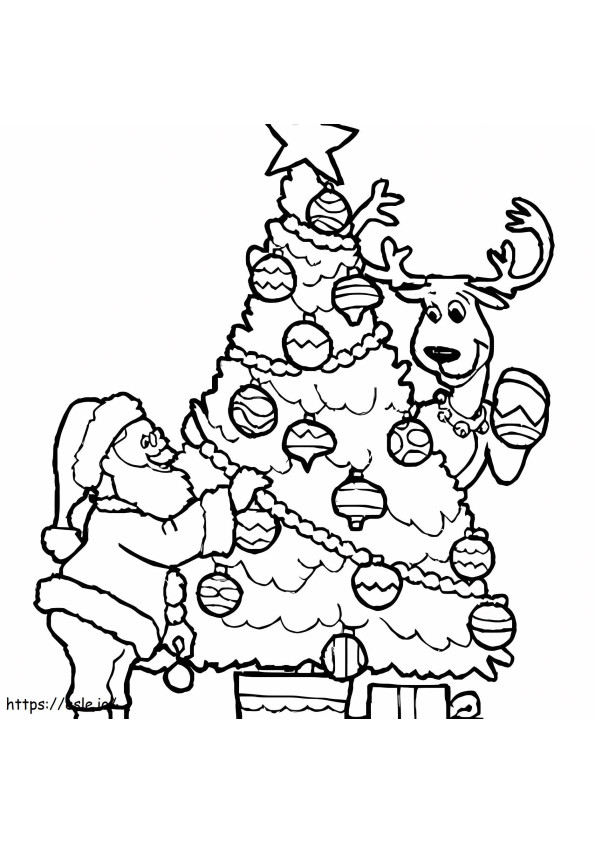 Renas e Papai Noel com árvore de Natal para colorir