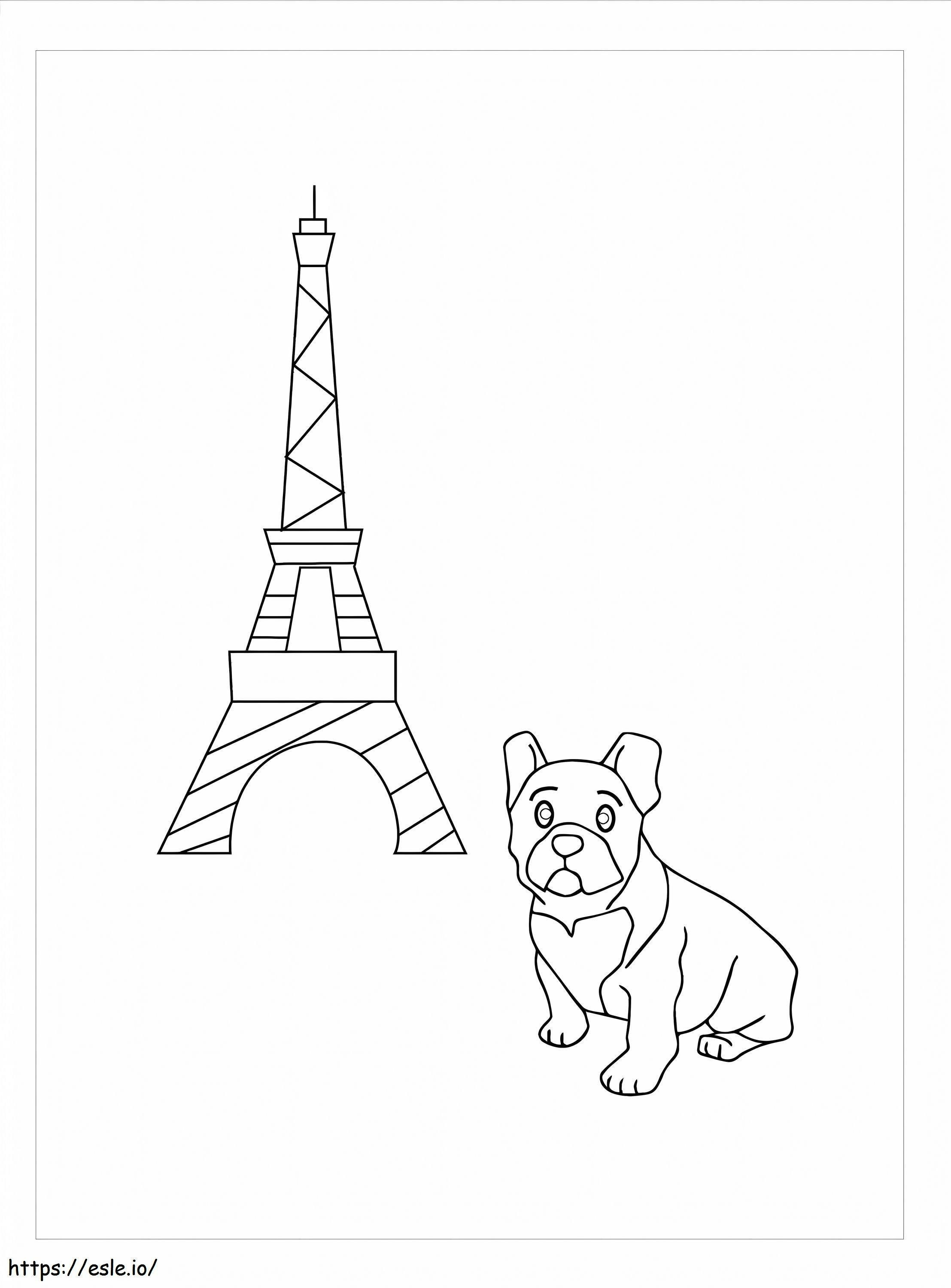 Bulldog y la torre Eiffel para colorear