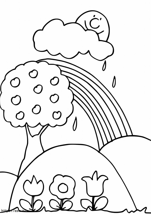 Rainbow With Tree And Flowers coloring page