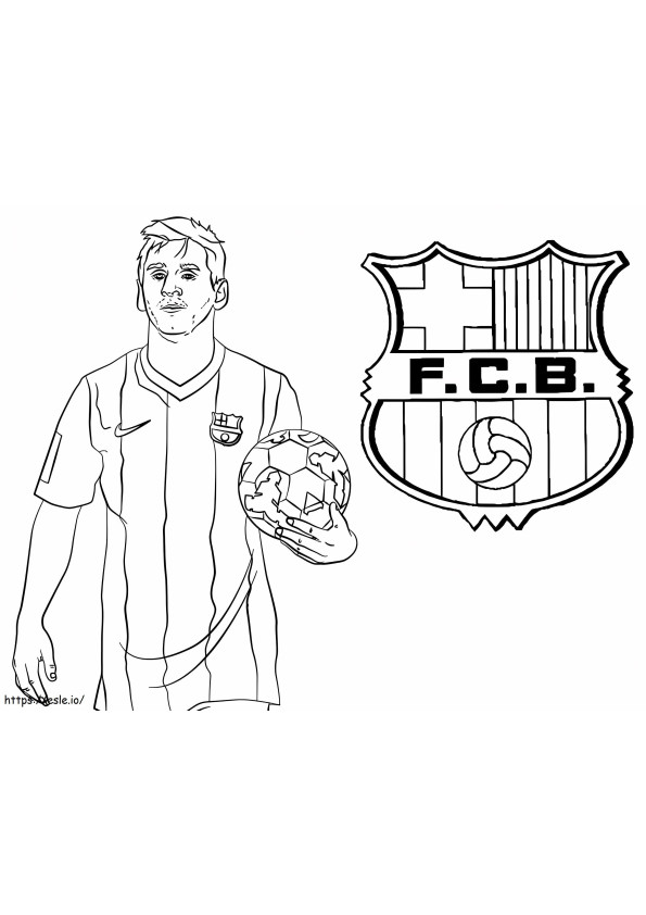 Lionel Messi com bola e logotipo do Barcelona para colorir