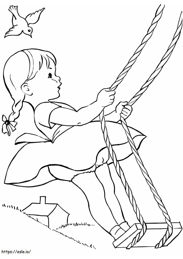 Cute Girl Playing On A Swing coloring page