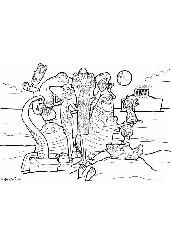 Coloriage Dracula et sa famille sur la plage à imprimer dessin