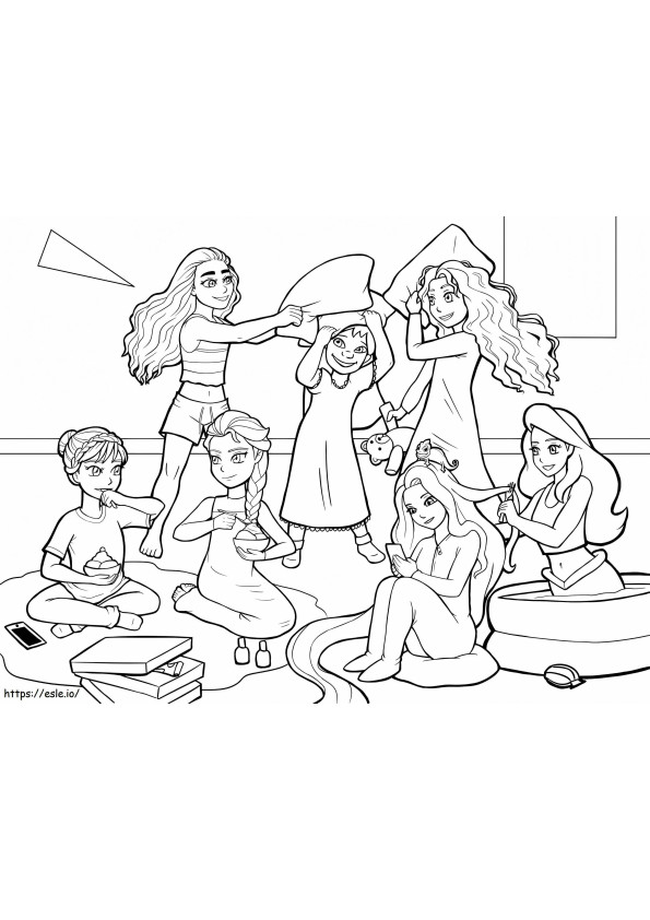 Prinses tijdens een logeerpartijtje kleurplaat