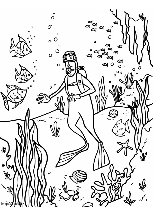 Scuba Diver And Fishes coloring page