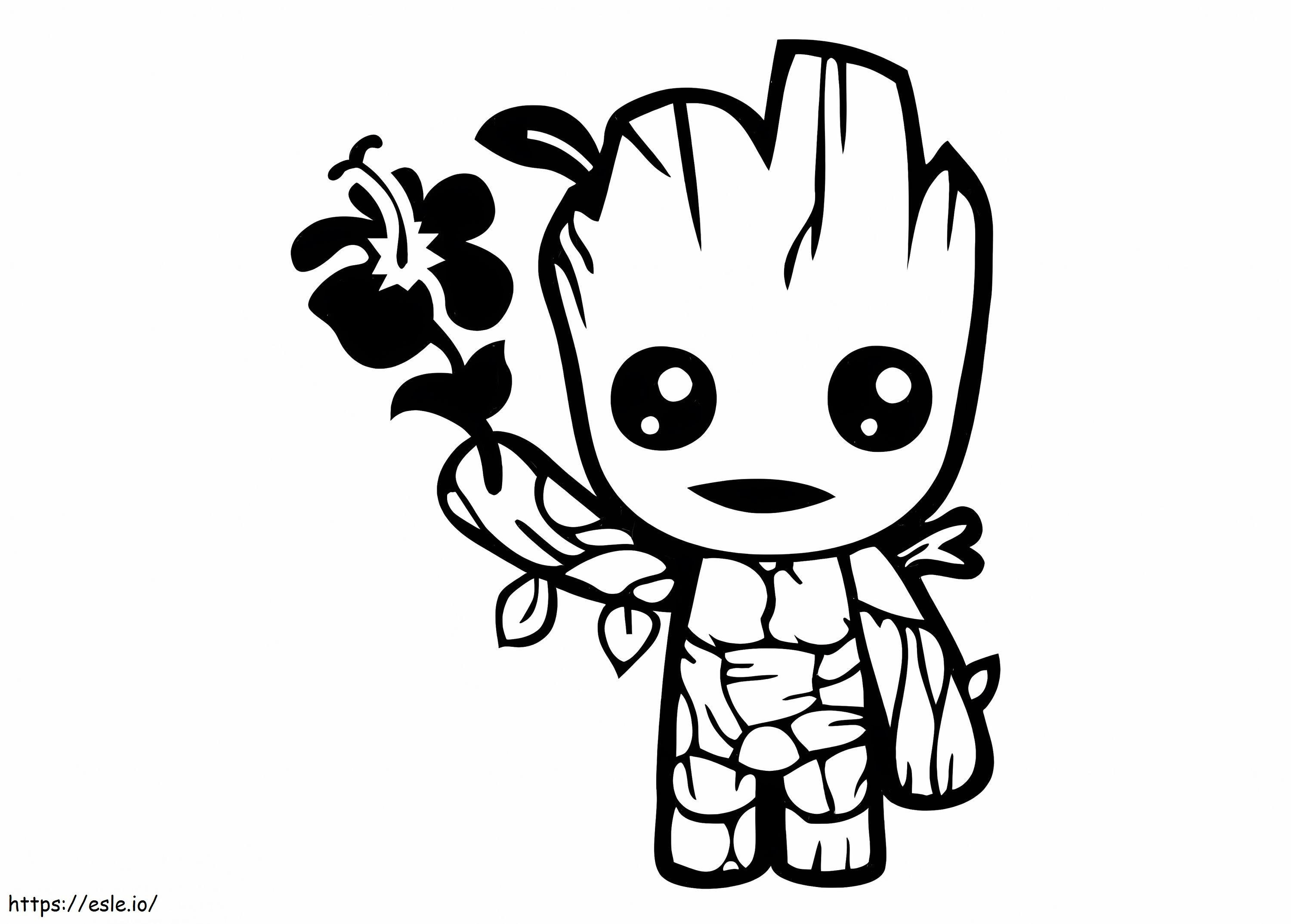 Chibi Groot sosteniendo una flor para colorear