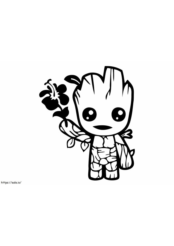 Chibi Groot sosteniendo una flor para colorear