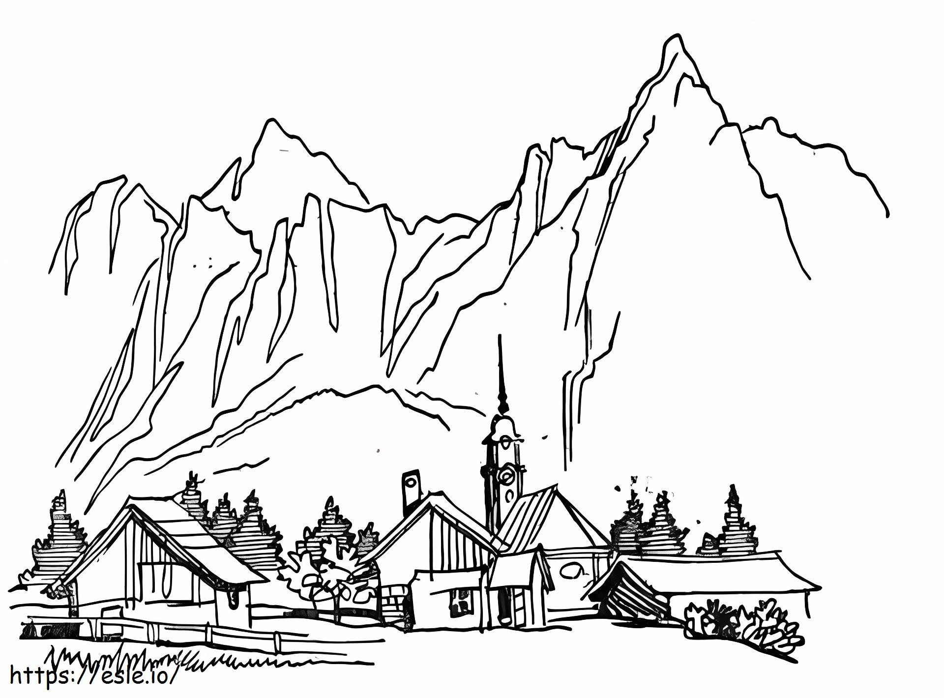 Coloriage Village Au Pied De La Montagne à imprimer dessin