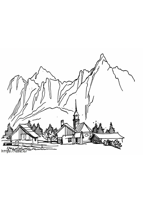 Village At The Foot Of The Mountain coloring page