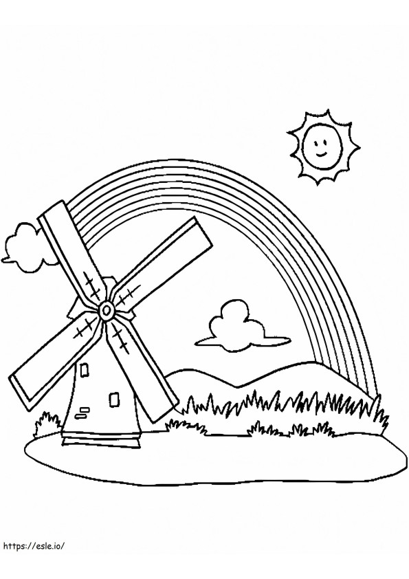 Coloriage Moulin à vent et arc-en-ciel à imprimer dessin