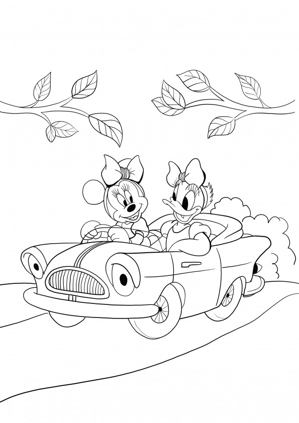 Daisy and Minnie driving a car to print and color freely