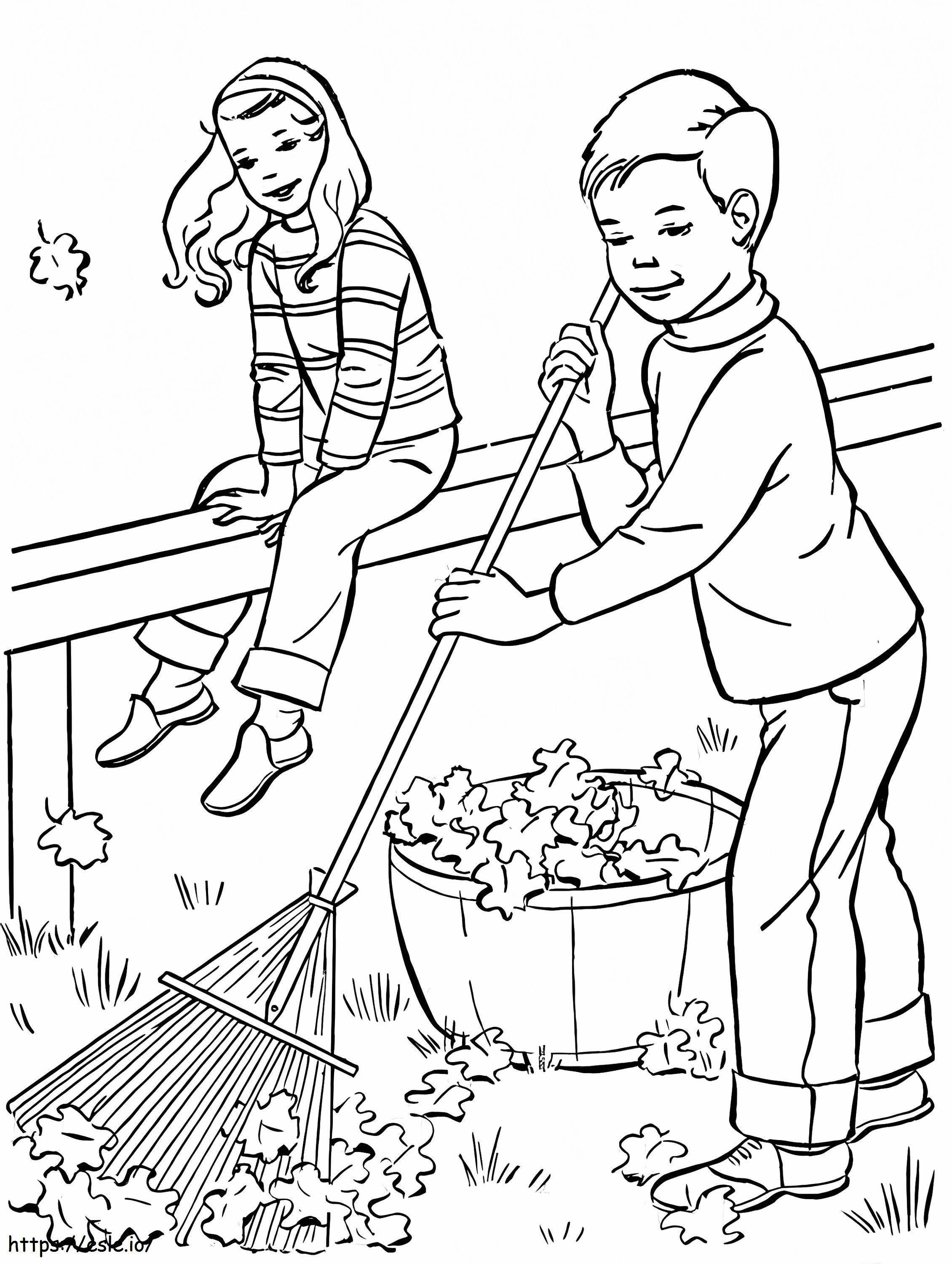 Nina i chłopiec zamiatają liście jesienią kolorowanka