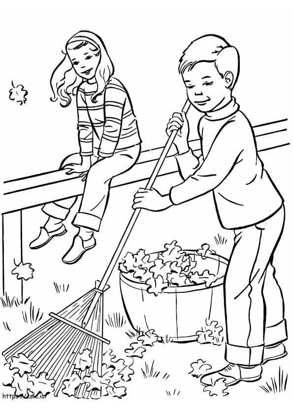 Nina i chłopiec zamiatają liście jesienią kolorowanka