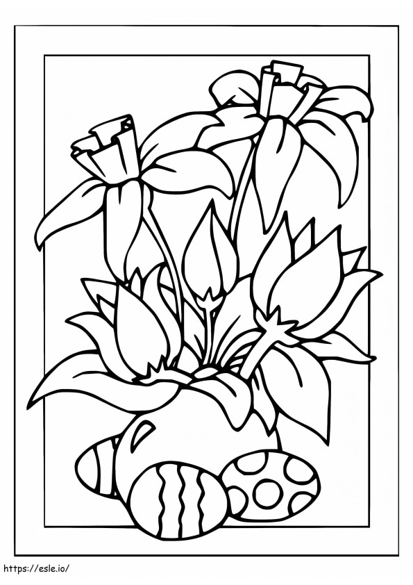 Coloriage Carte Oeufs Et Fleurs De Pâques à imprimer dessin