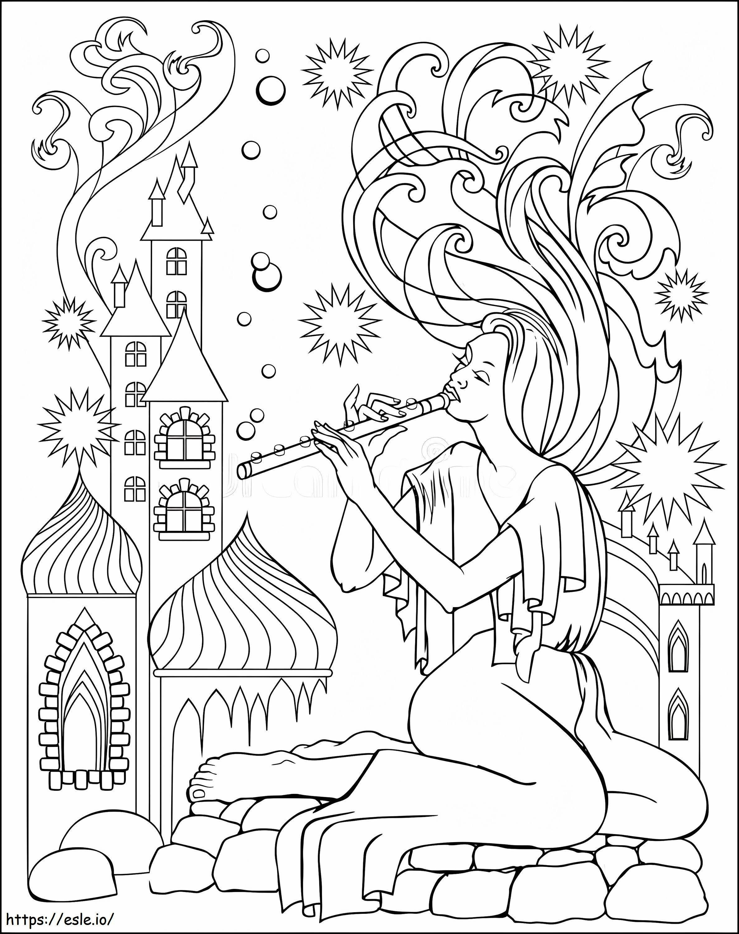 Menina tocando flauta para colorir