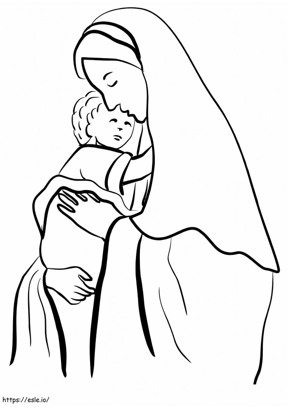 Madre Maria tiene in braccio Gesù Bambino da colorare