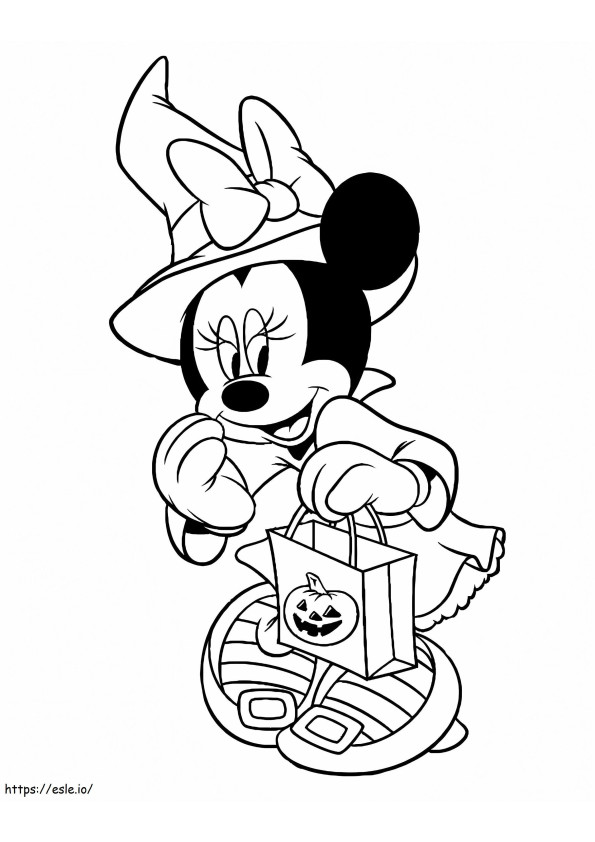 Minnie Mouse com chapéu de bruxa no Halloween para colorir