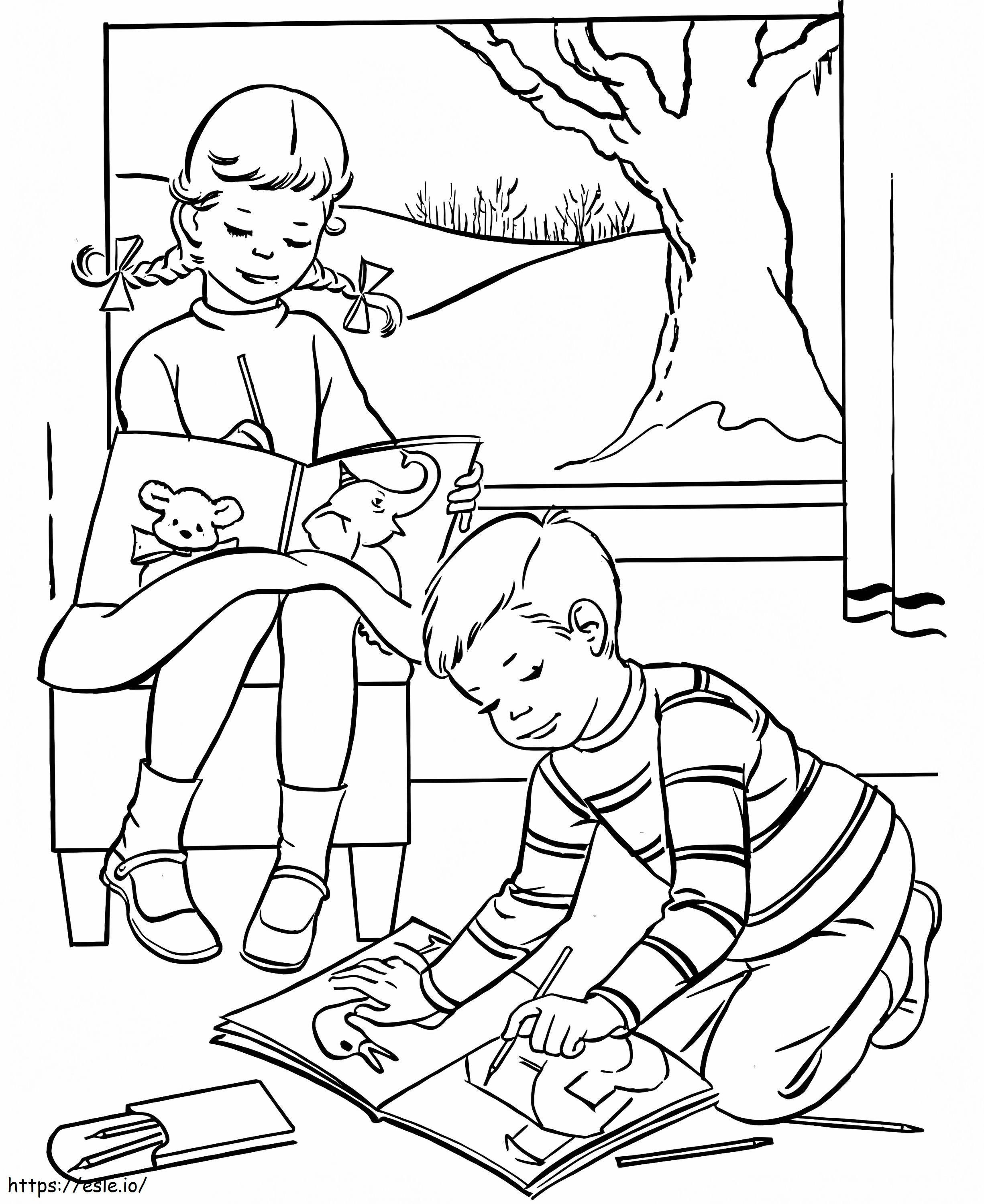 Kaksi lasta piirtää kuvia värityskuva
