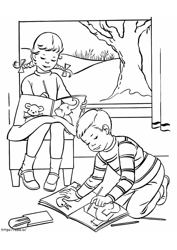 Coloriage Deux enfants dessinant des images à imprimer dessin