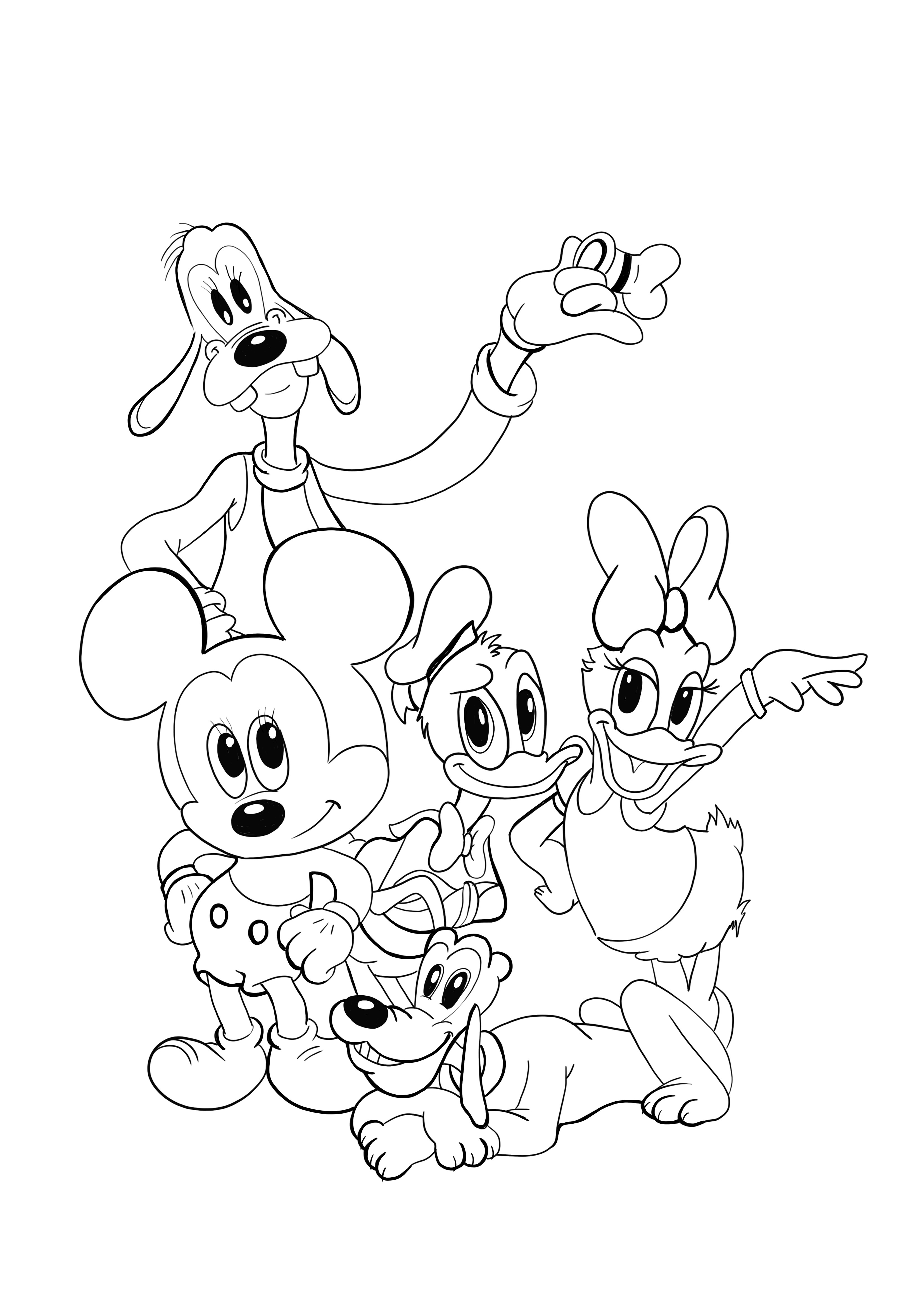 Desenho para colorir do jovem Pluto-Minnie-Donald-e-amigos para baixar de graça