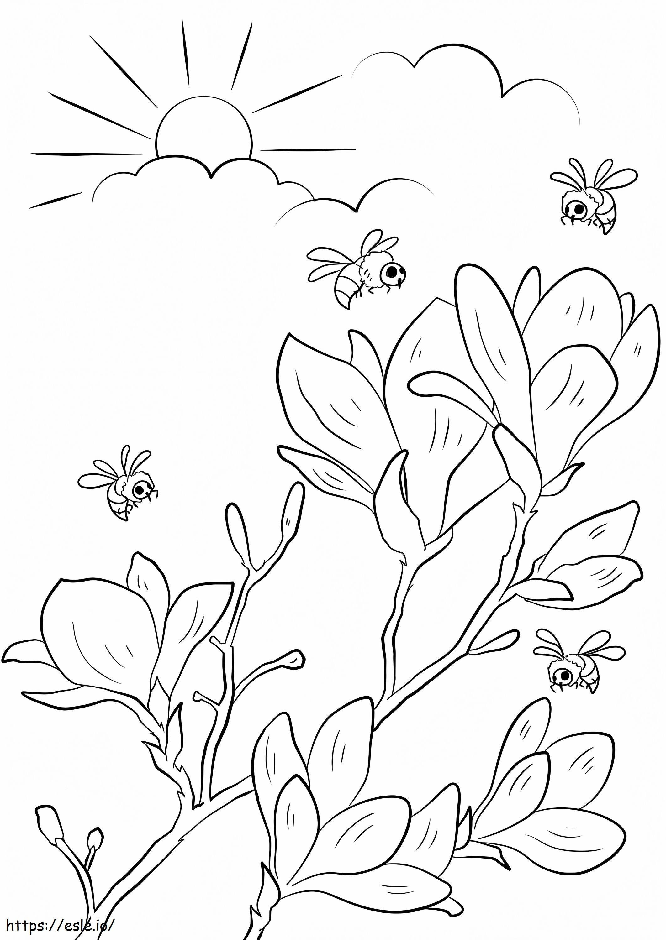 Coloriage Fleurs et abeilles au printemps à imprimer dessin