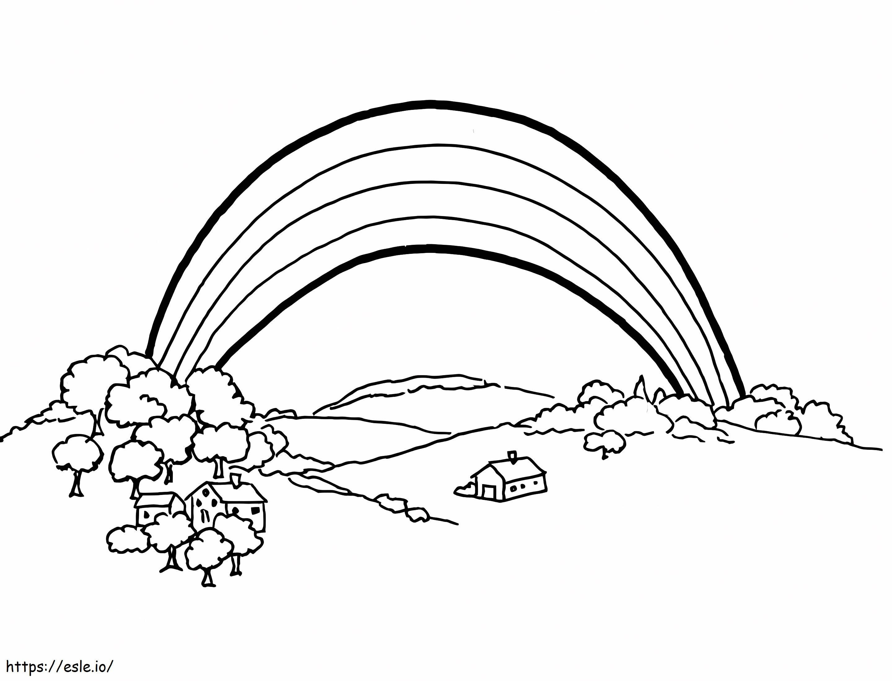 Rainbow And Village coloring page