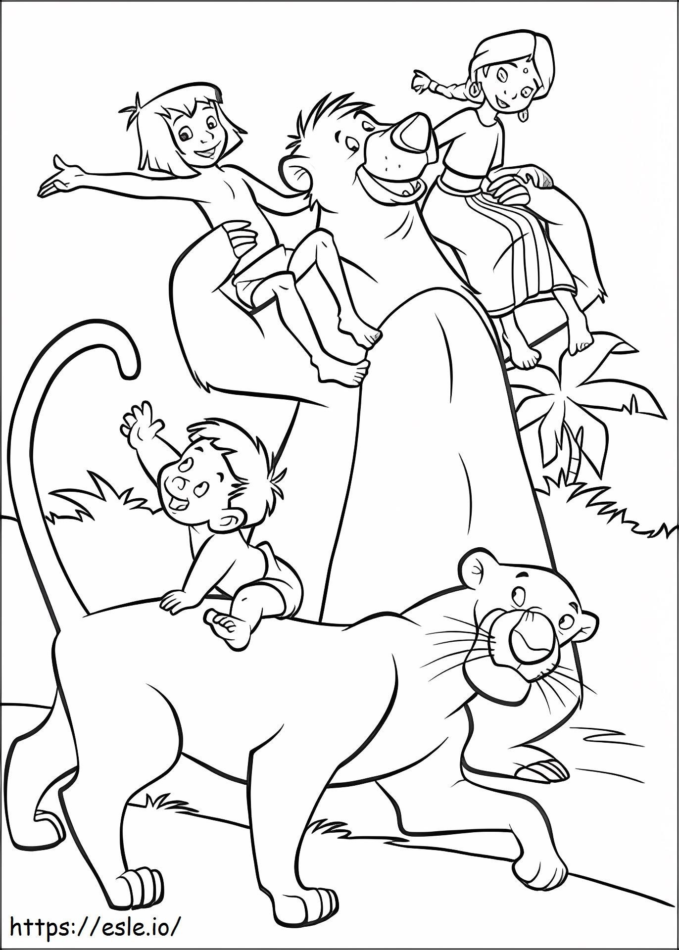 Coloriage La Familia India Mowgli Baloo et Bagheera à imprimer dessin