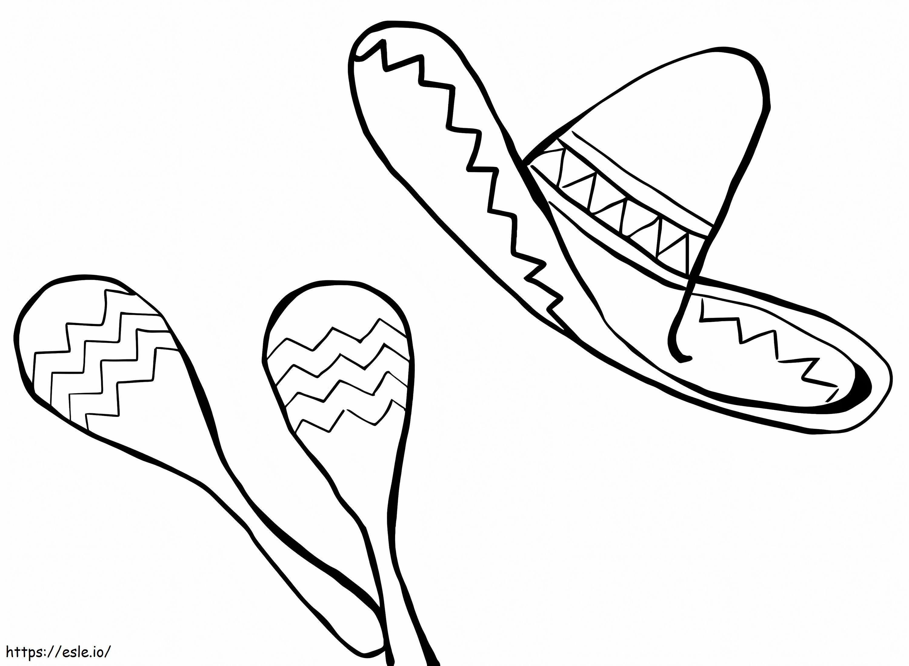 Maracas ja meksikolainen hattu värityskuva