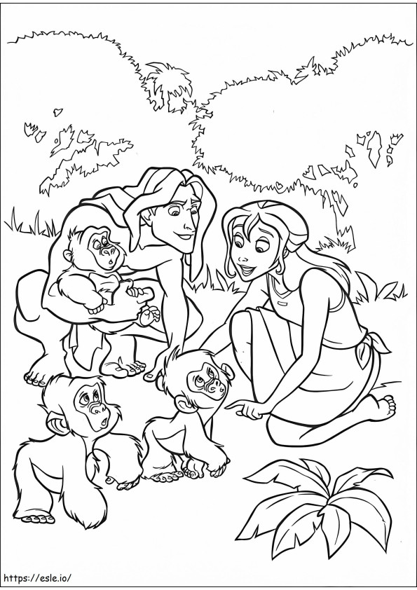 Tarzan e Jane Porter com macacos bebês para colorir