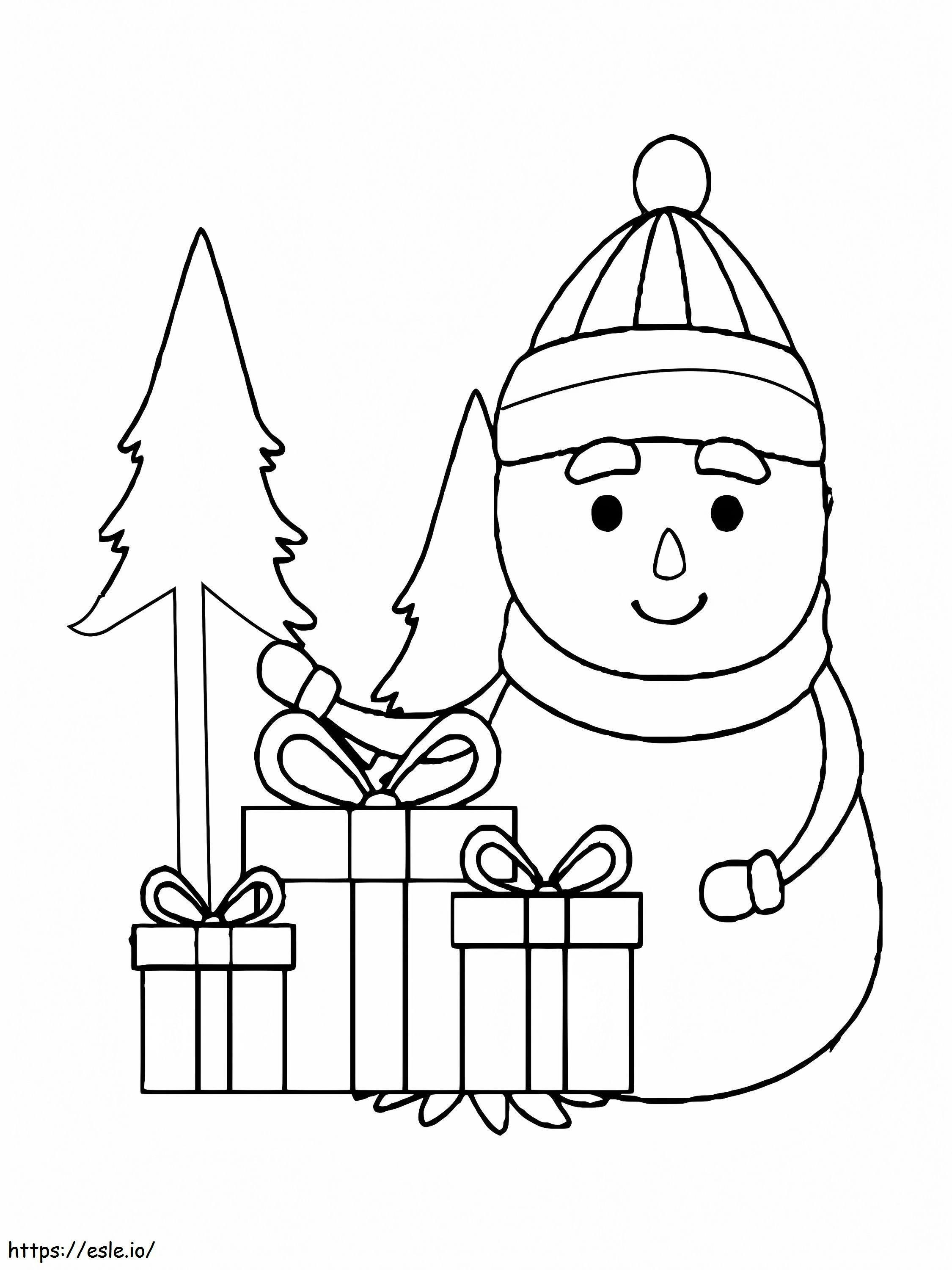Coloriage Bonhomme de neige et cadeaux à imprimer dessin