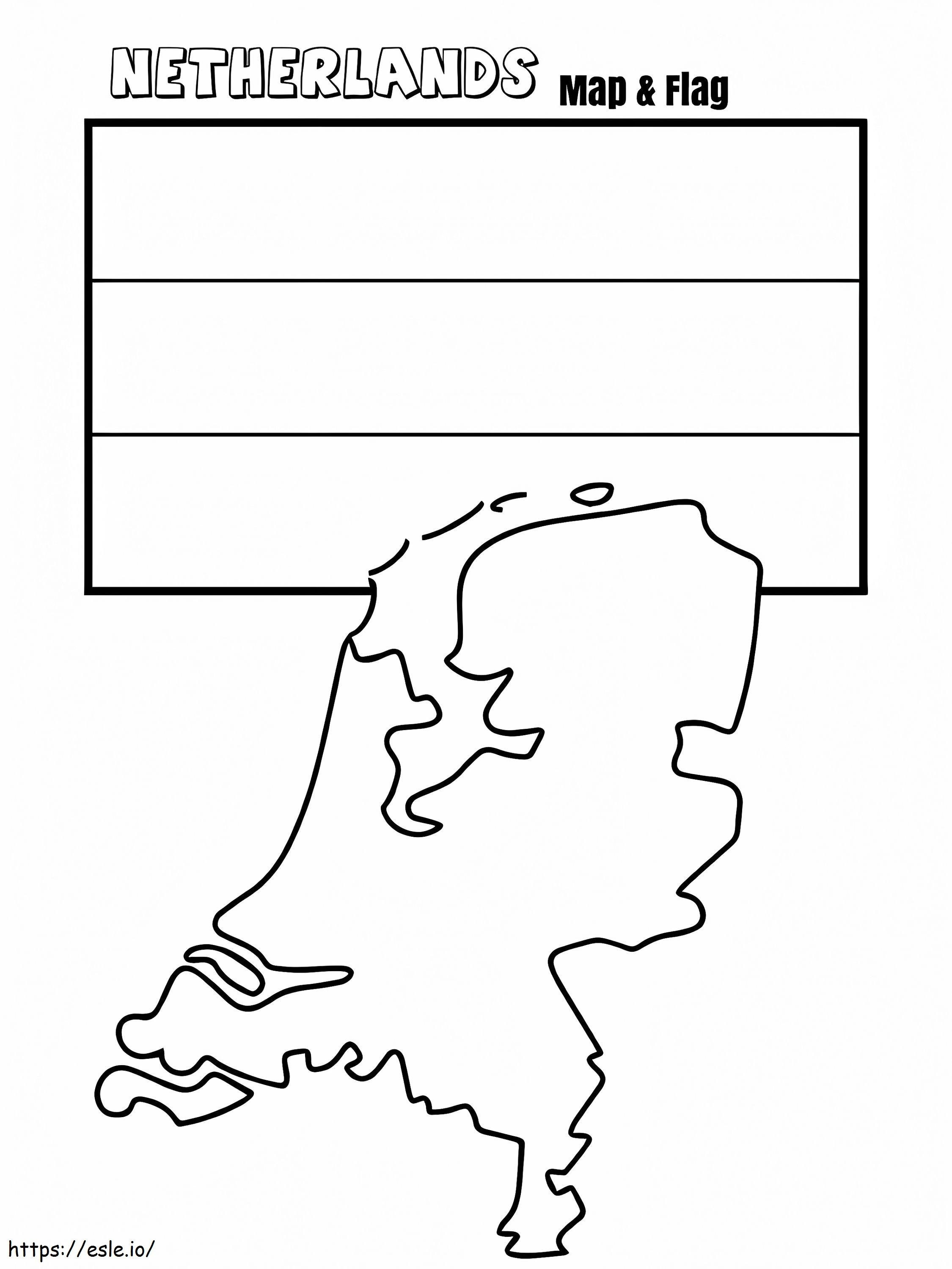 Mapa y bandera de Países Bajos para colorear